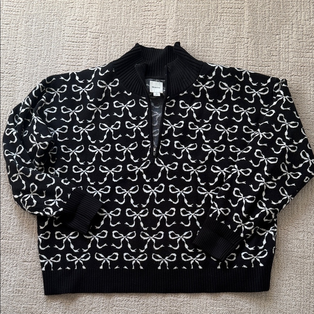 Anthropologie Maeve Black and White Bow Pattern 1/2 zip Sweater